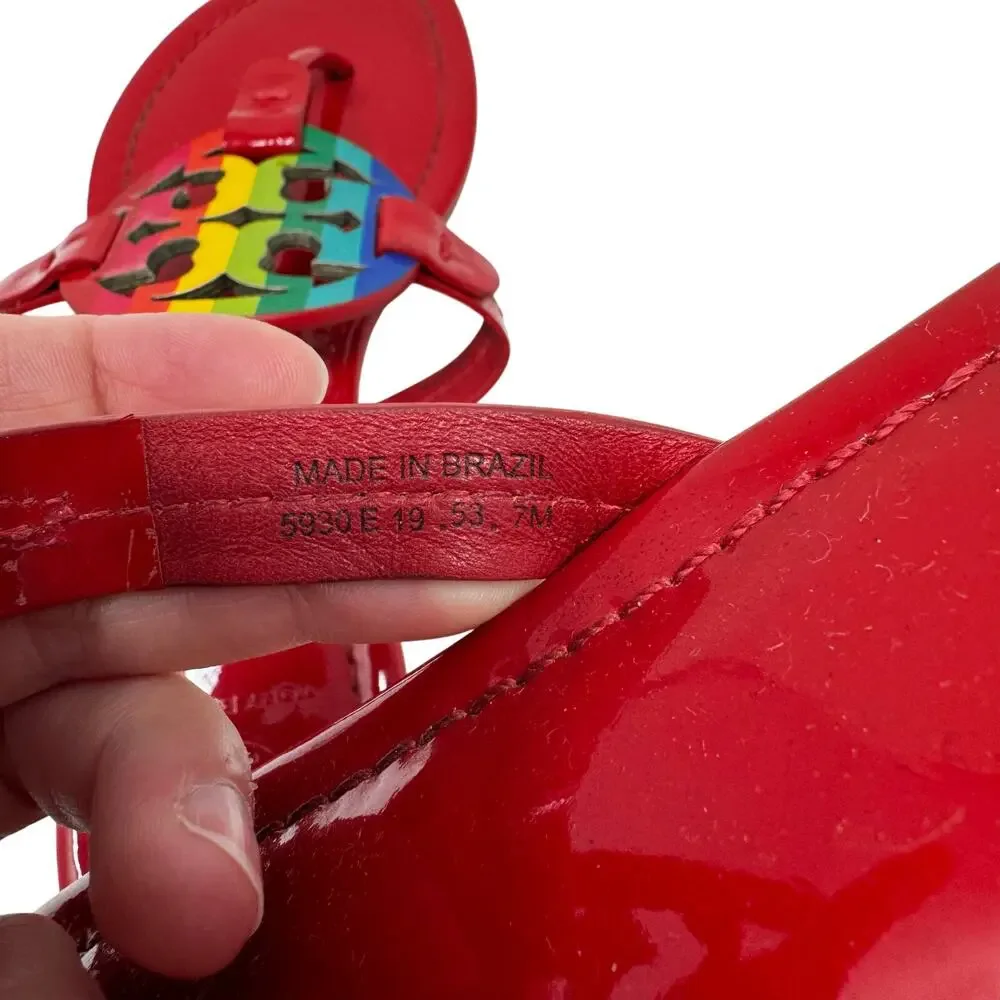 TORY BURCH Red Rainbow Patent Leather Miller Sandals Logo Medallion Size 7
